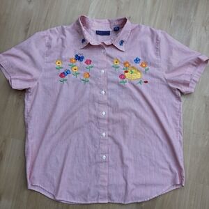 Karen Scott Short Sleeve Button Down Embroidered XL Shirt Flowers Teddy Bear